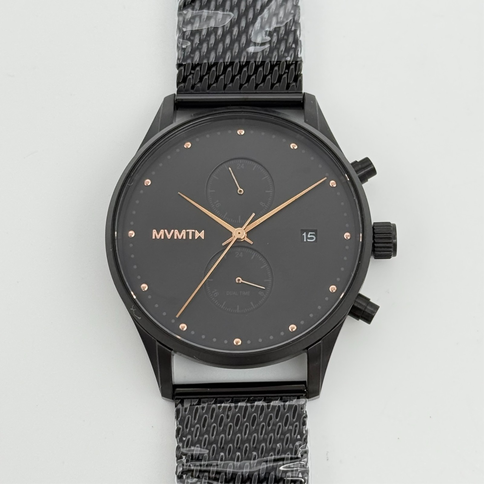 NEW Men’s MVMT Voyager Watch, Dual Time Zone All Black Stainless Steel Mesh Band