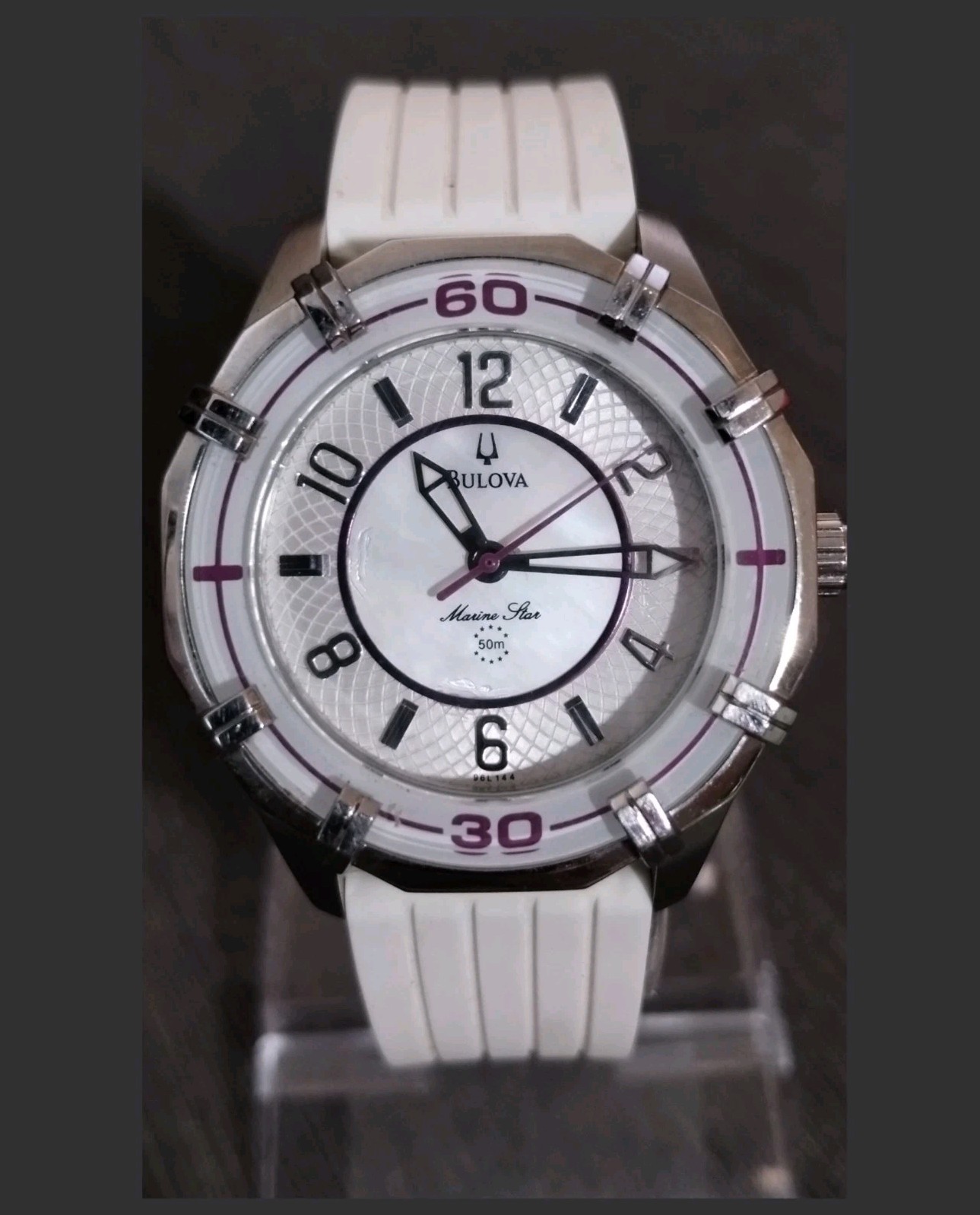 Bulova Marine Star Quartz Watch White/Silver w/ Purple Accents *SEE DESCRIPTION*
