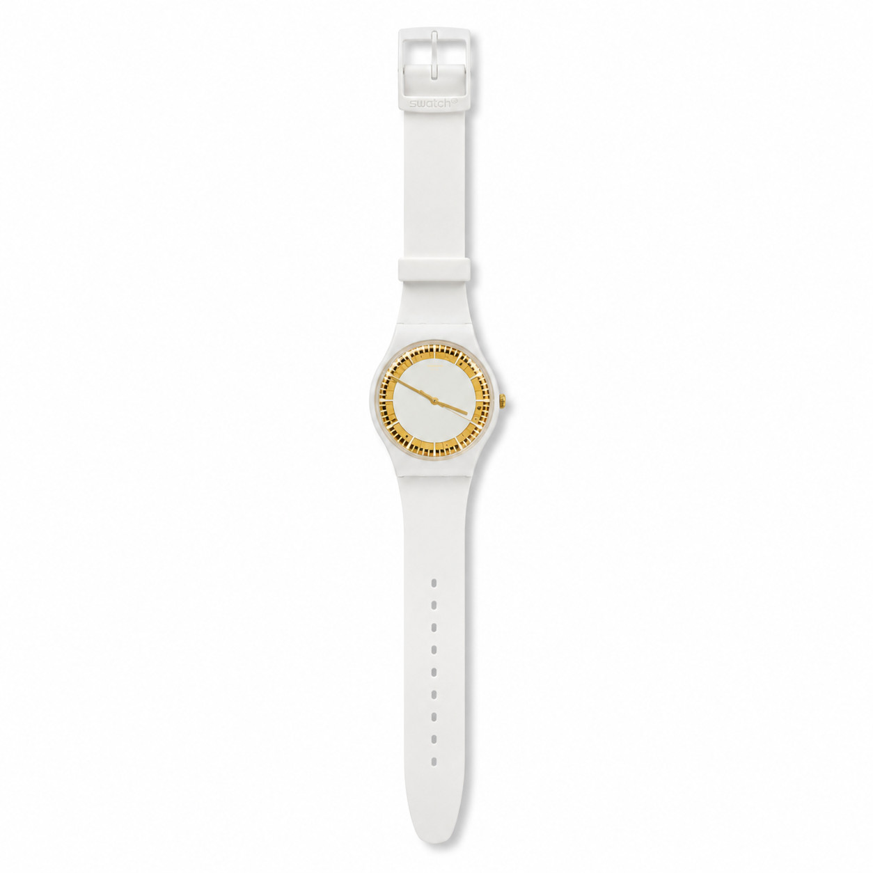 Swatch Reloj Unisex blanco con detalles dorados, nuevo, new gent, 41mm diametro.