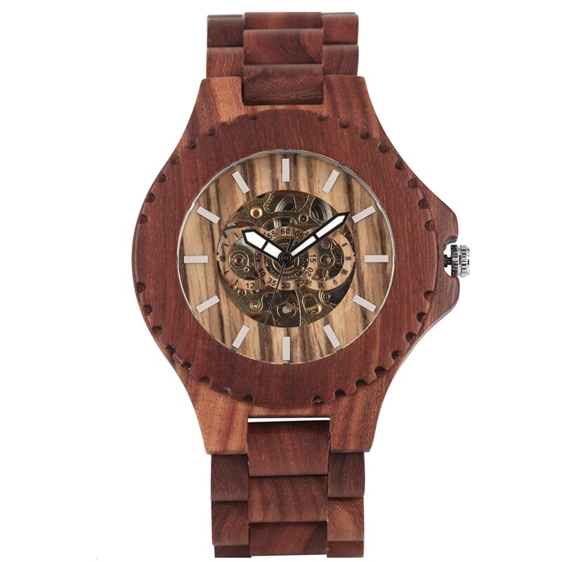 Classic Wooden Watch Men’s Auto Mechanical Wrist Watches Skeleton Wood Strap