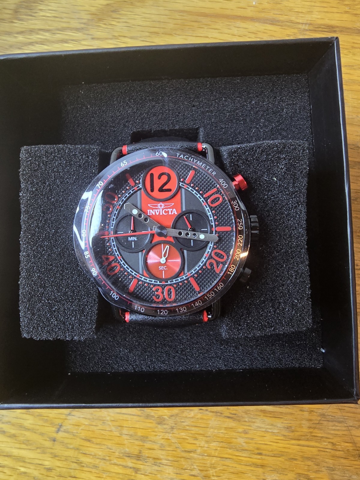 Invicta Men’s 44mm Racing Quartz Chronograph Black/Red Tone Leather Strap Watch