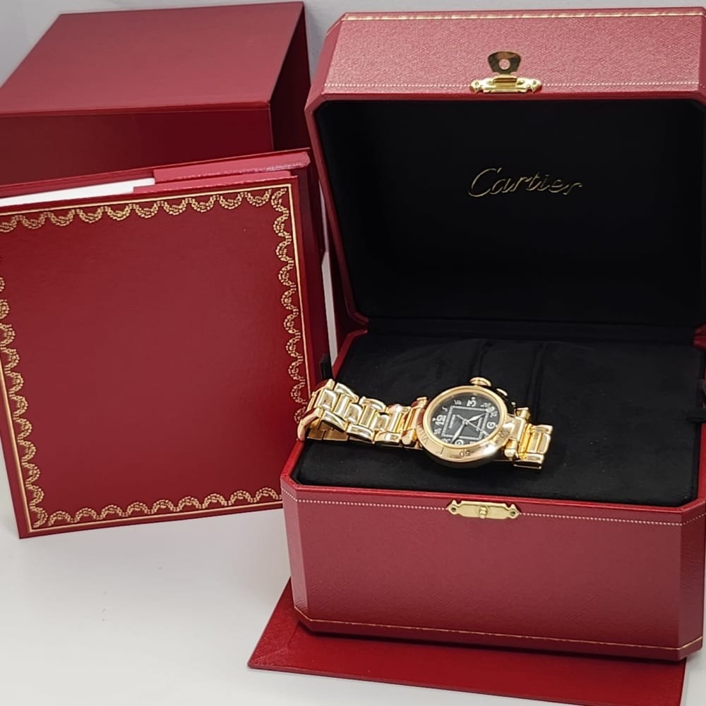 Full Set Cartier Pasha 35 mm 18K Yellow Gold Black Dial Automatic Watch 10351