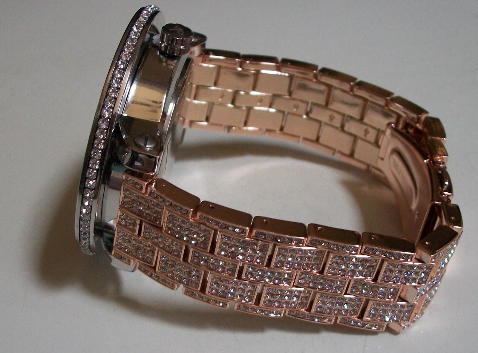 Men Rose Gold, Silver Finish Black, Clear Stone Fashion Dressy Hip Hop Watch