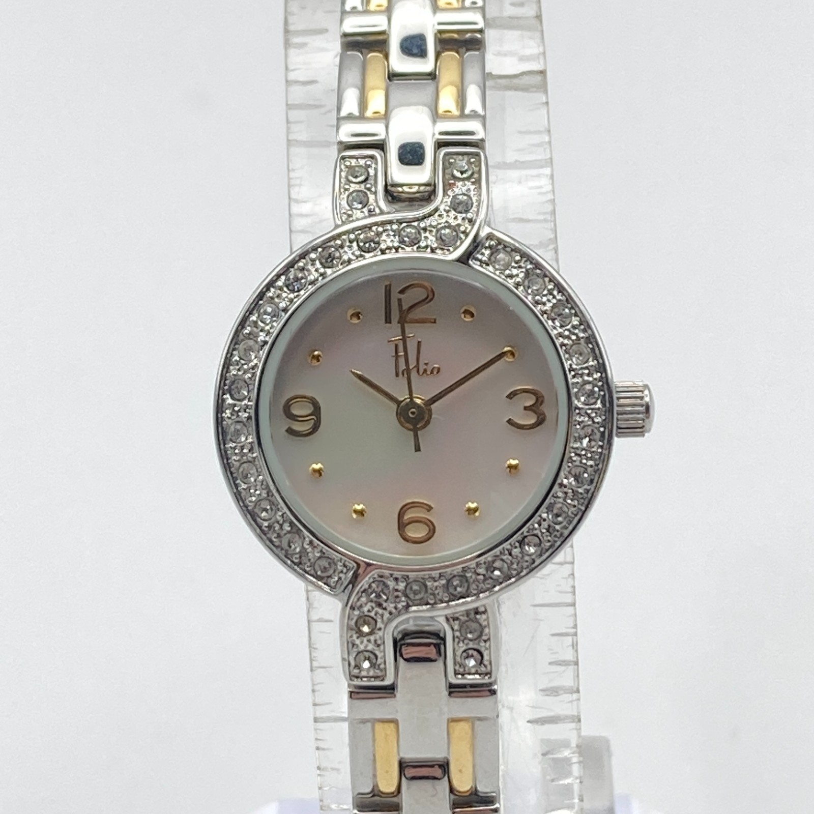 Folio Women’s Watch 21mm Silver Gold Two Tone Crystals MOP New Battery 6.5″