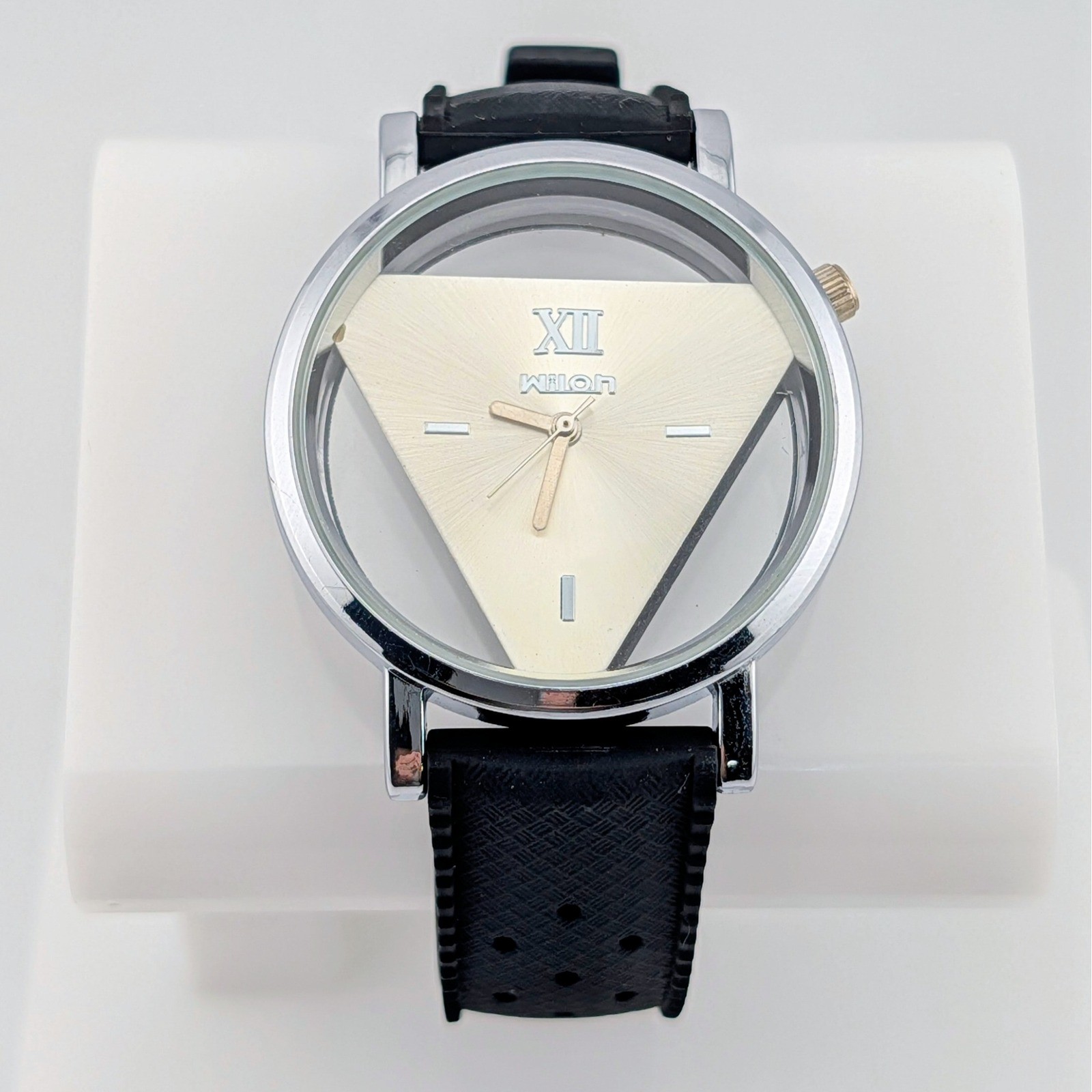 Wilon Triangle Dial Sunburst Quartz Watch Clear Case Black Silicone Strap 38mm