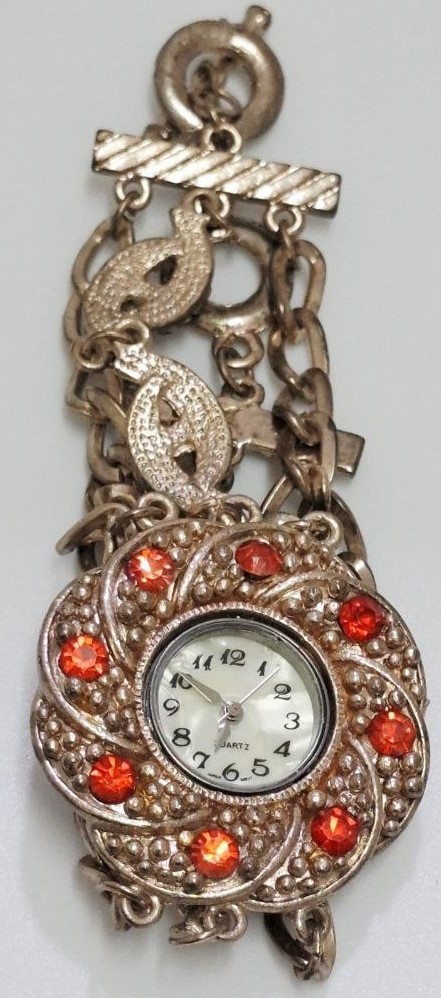 Vintage Look Women’s Fashion Watch, Red Rhinestones, Bracelet Band, Quartz Batte