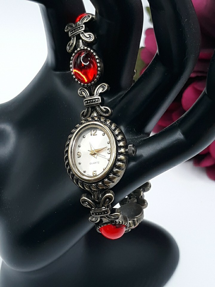 Ladies Red Glass Stone Quartz Wristwatch Brasstone Ornate Metal Band WORKS -READ