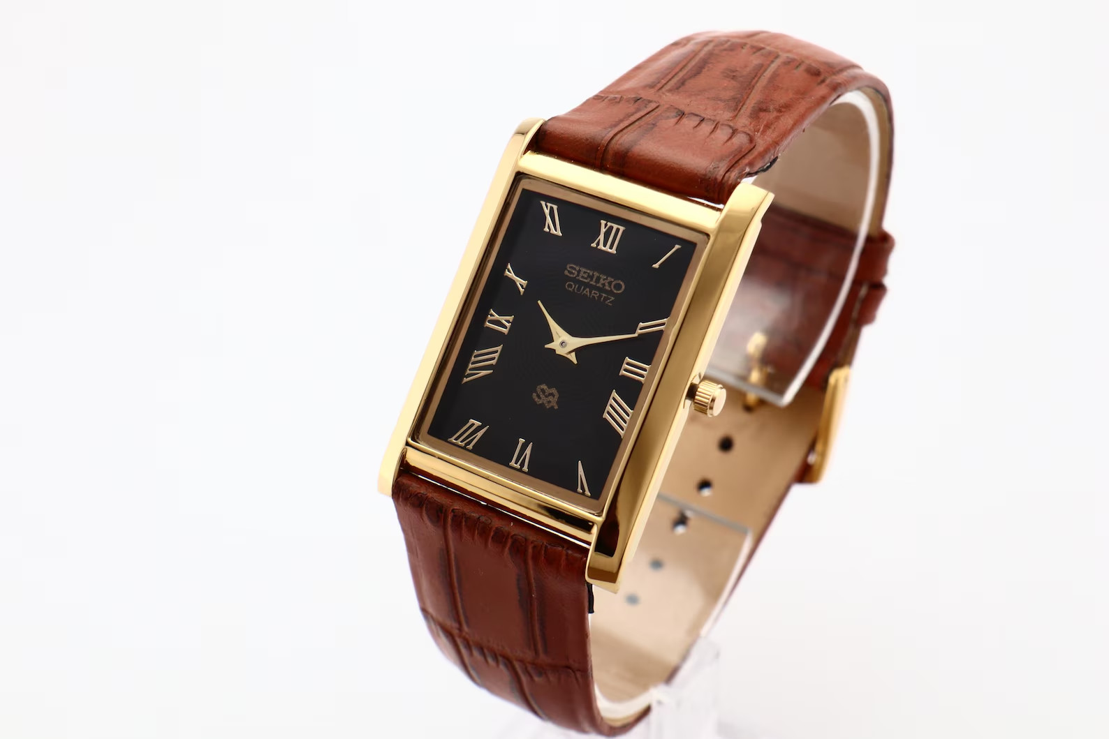 Vintage Seiko Slim Tank Quartz Men Black Face Dress Watch-Free Shipping 01