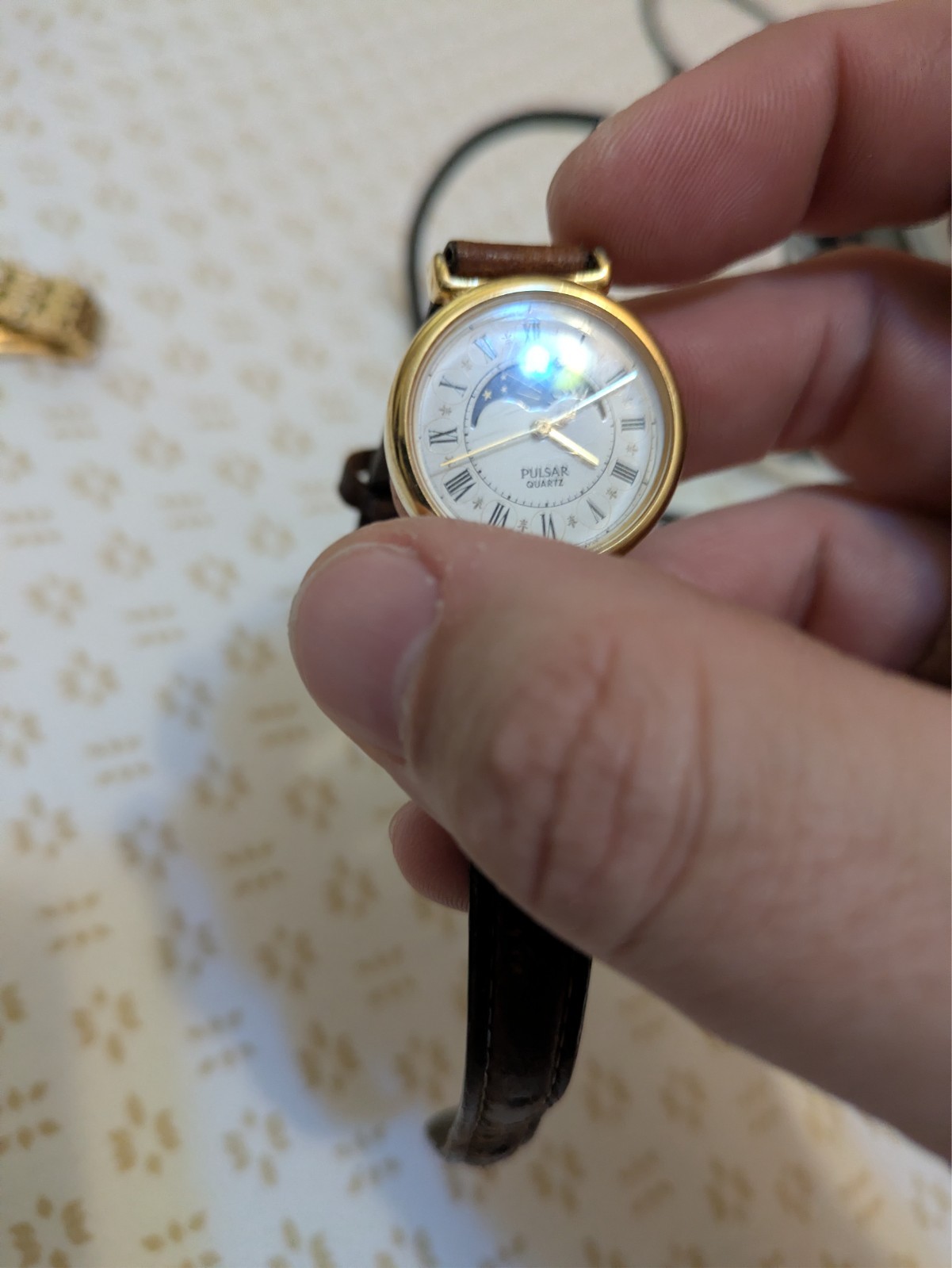 Vintage Pulsar Quartz Moon Phase Wristwatch -New Battery- Runs- Ticks