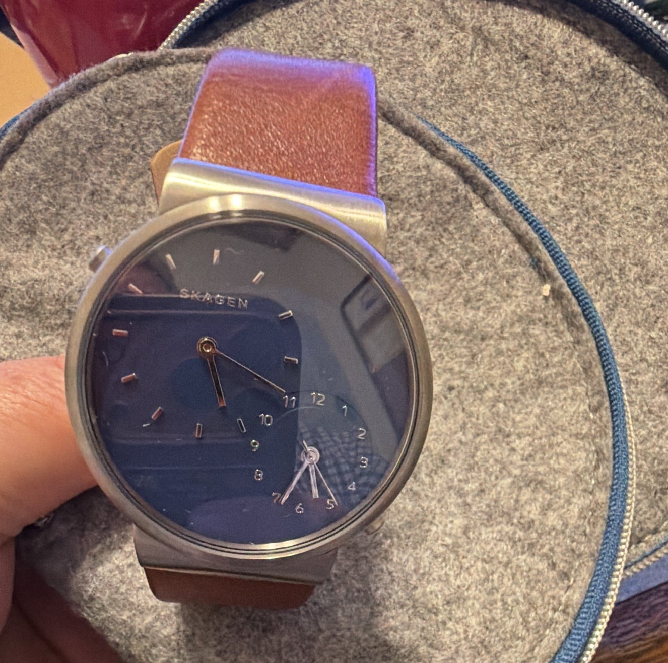Skagen Men’s Blue Dial Quartz Analog Watch Brown Leather Strap 40mm 30m