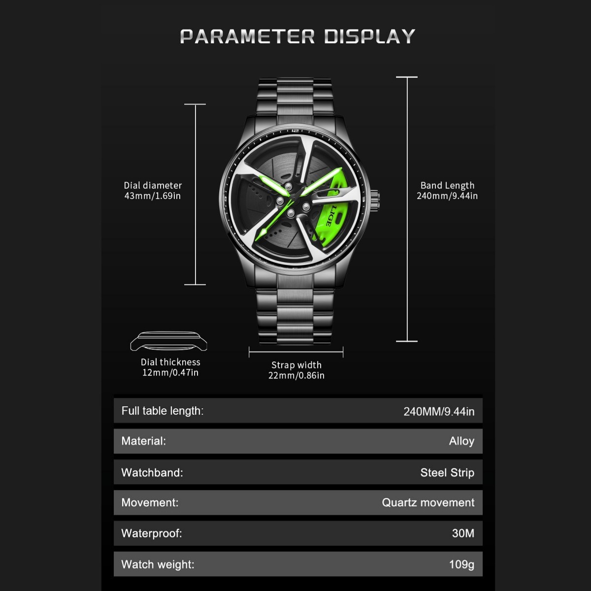 Mens Luxury Stainless Steel Wristwatch Quartz Waterproof Luminous Sports Watches
