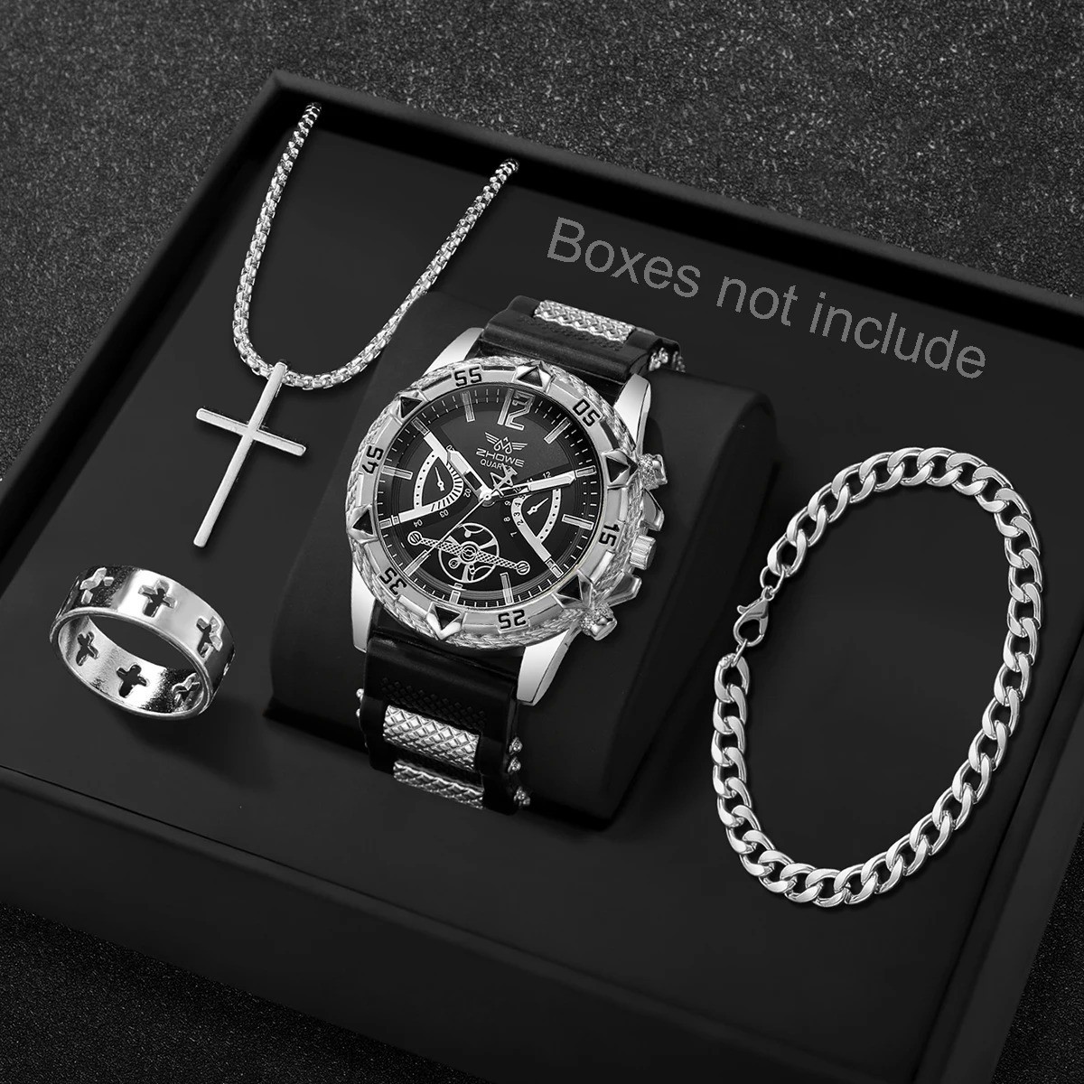 4Pcs Men Business Quartz Watch Arabic Dial Silicone Strap Wristwatch Necklace Se