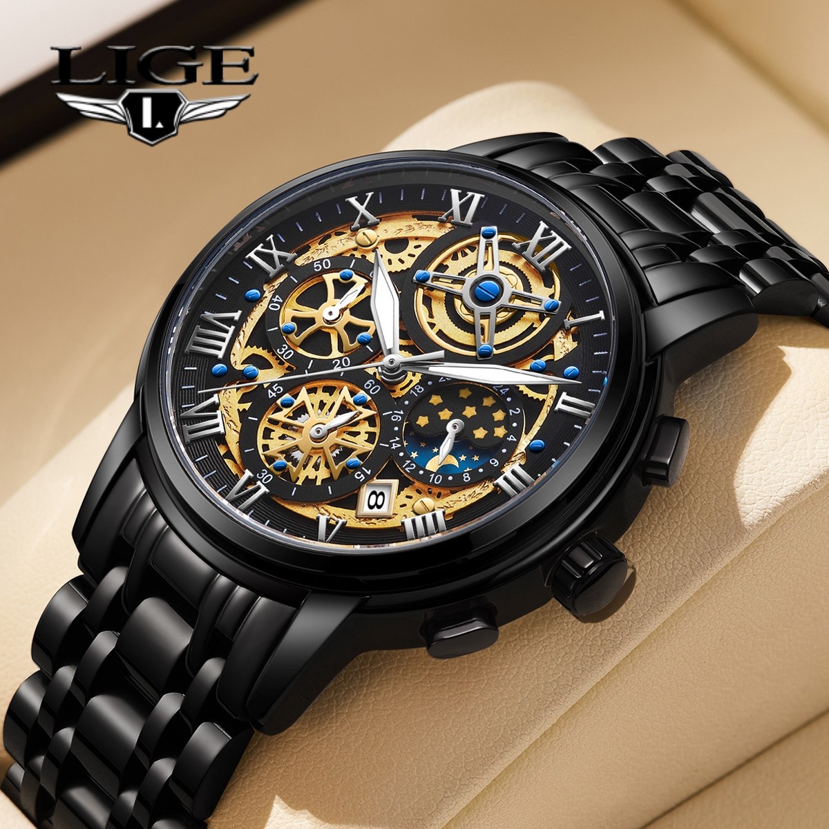 Men Watch Quartz Date Luminous Waterproof Stainless Steel Man Wristwatch Boxed