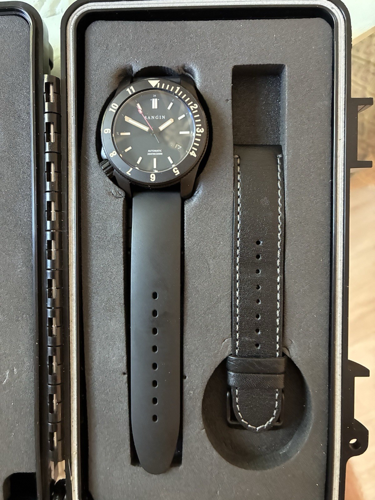 Sangin Atlas Automatic Black Watch, Date, Luminous, Extra Bands, Box, Papers