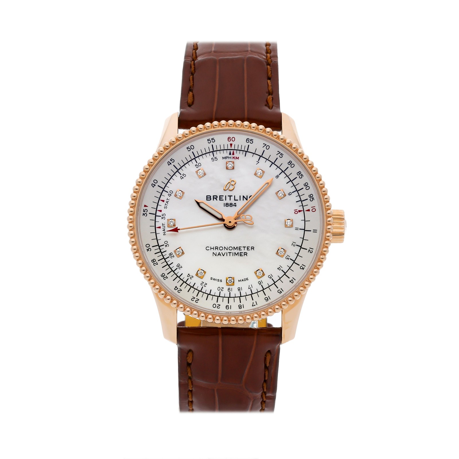 Breitling Navitimer Auto Rose Gold Diamonds Mens Strap Watch R17395211A1P2