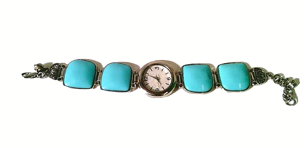 Faux Stone Womans Watch~Aqua/Blue~Silver Metal~FY1222 103~Works~New Battery