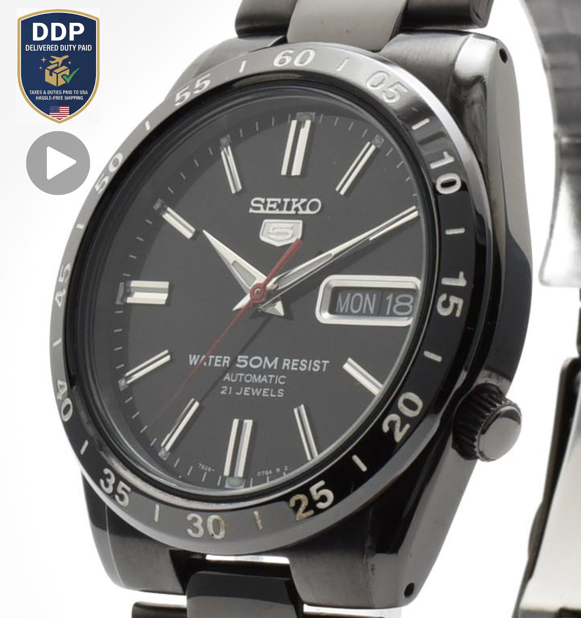 [Exc+5] SEIKO 5 SNKE03 7S26-02T0 Automatic All Black Date Men Watch Large Wrist