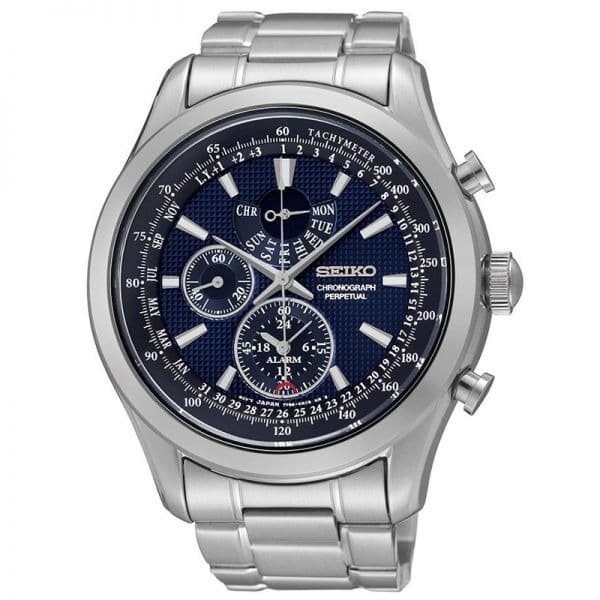 SEIKO Chronograph SPC125P1 Perpetual Calendar Quartz Watch Blue Dial Steel 7T86