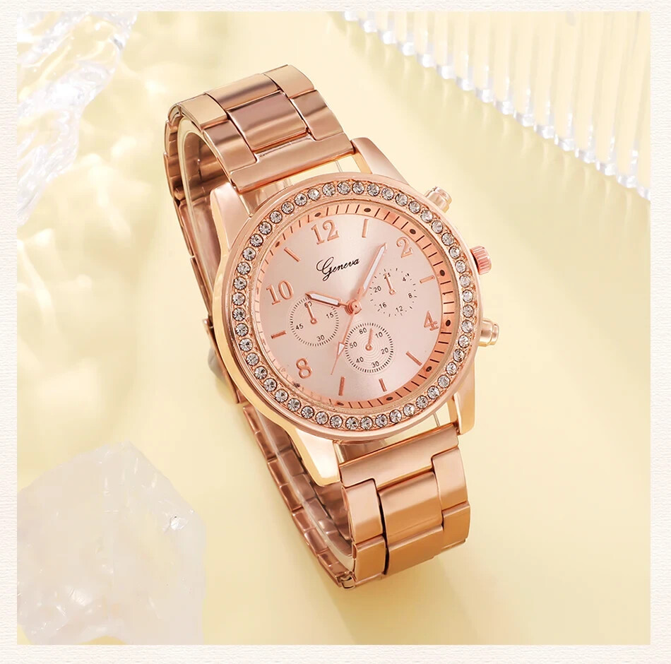 Women Girls 6 Pcs Set Rose Gold Watch Bracelet Necklace Earrings Ring