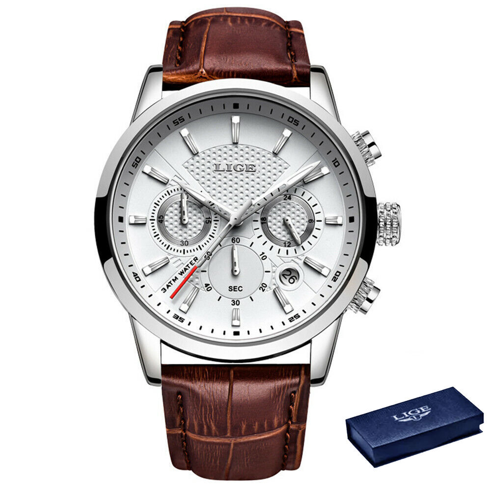 LIGE Men Watch Chronograph Wristwatch Male Leather Business Date Display Watches
