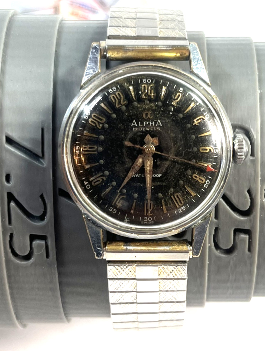 ALPHA 24Hour Dial, 17 Jewel, Swiss, 34mm rare military-style dial. 1950’s, Runs.