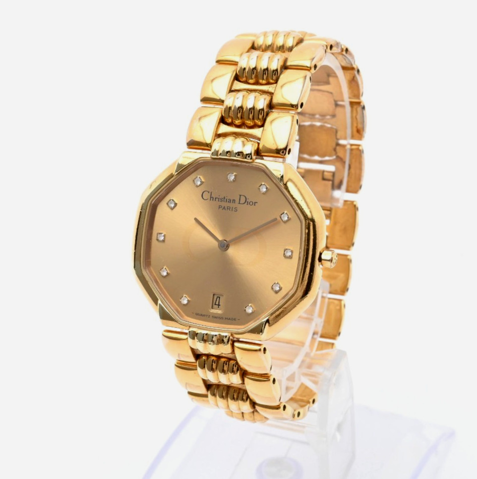 [N MINT] Christian Dior 45.154 11P Diamond Gold Dial 32mm Qz Ladies Watch JAPAN