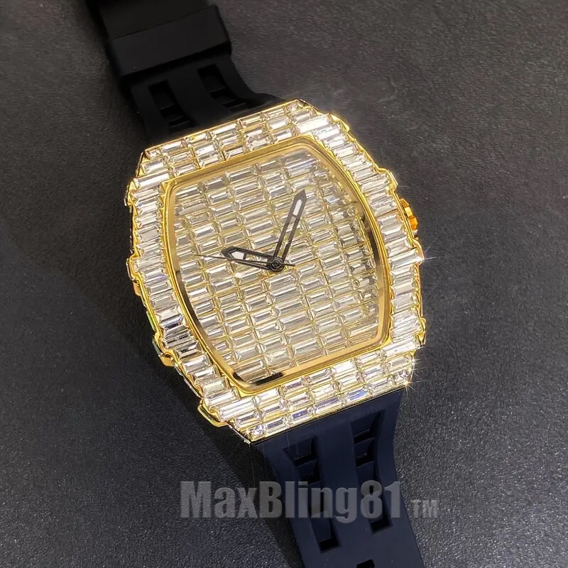Men Iced Bling Rapper Baguette Stone Silicone Band Hip Hop Luxury Fashion Watch