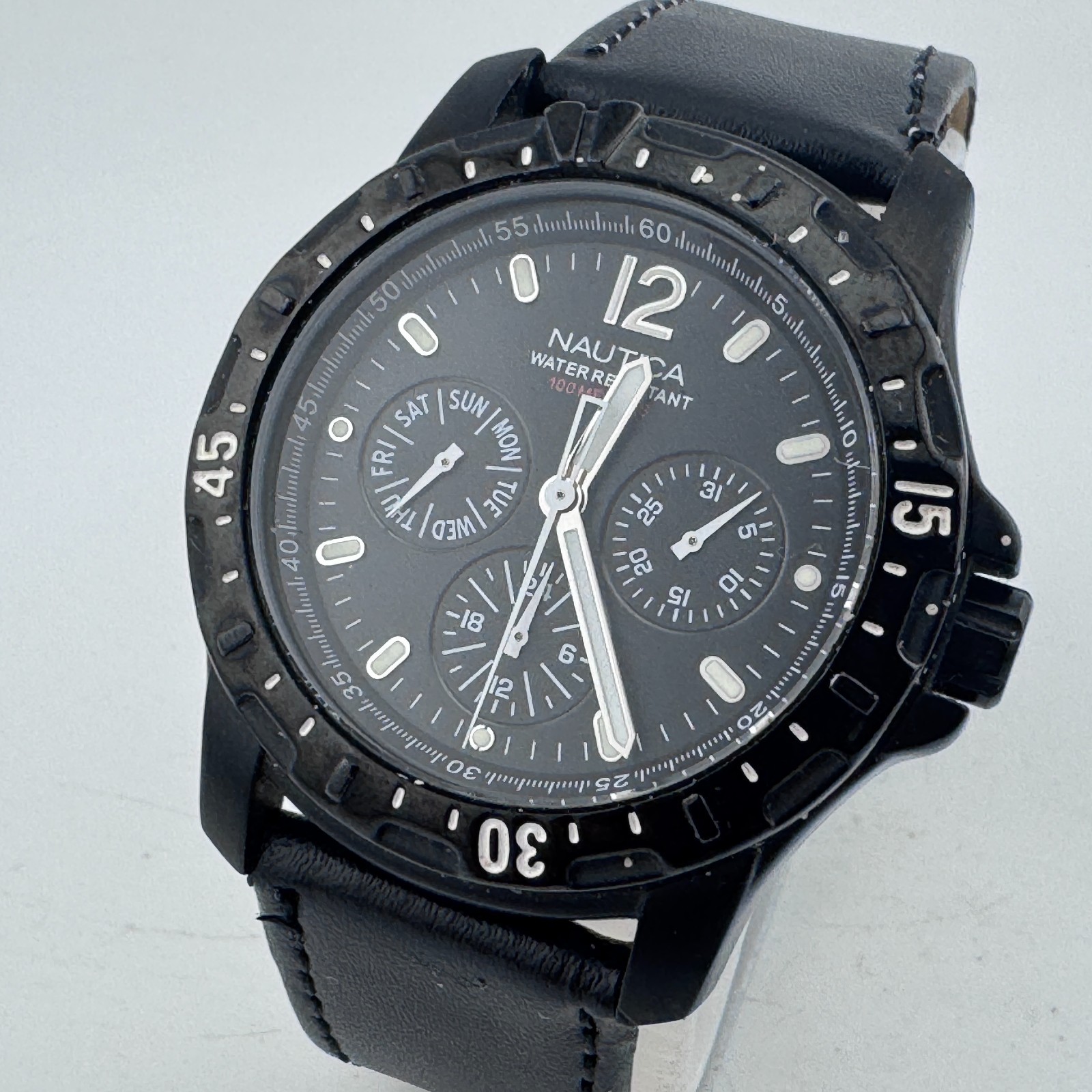 Nautica Quartz Watch Unisex 100m Black Rotating Bezel Day Date Leather New Batte
