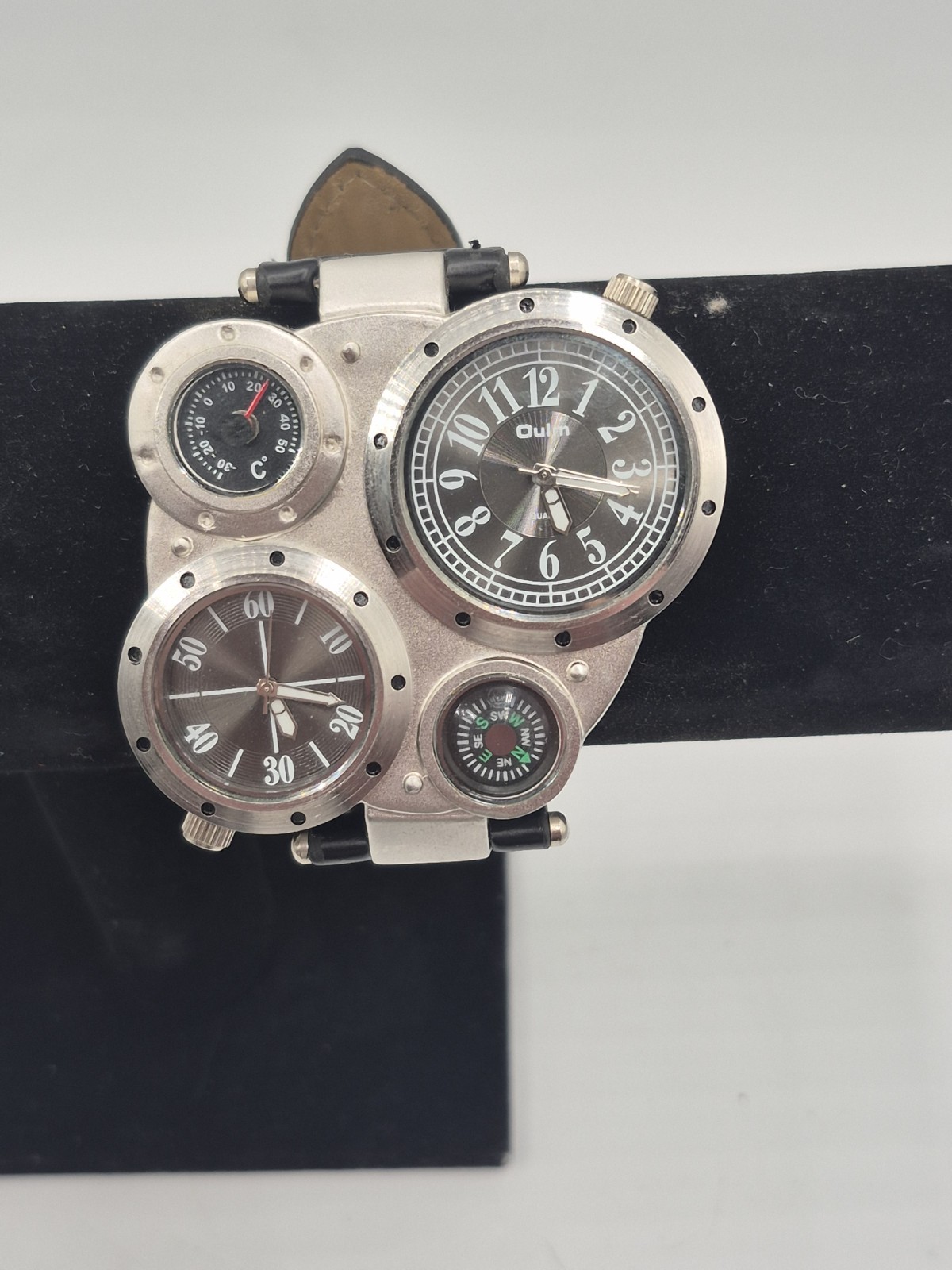 Oulm Multi Dial Quartz Watch Compass Thermometer New Battery Working Steampunk