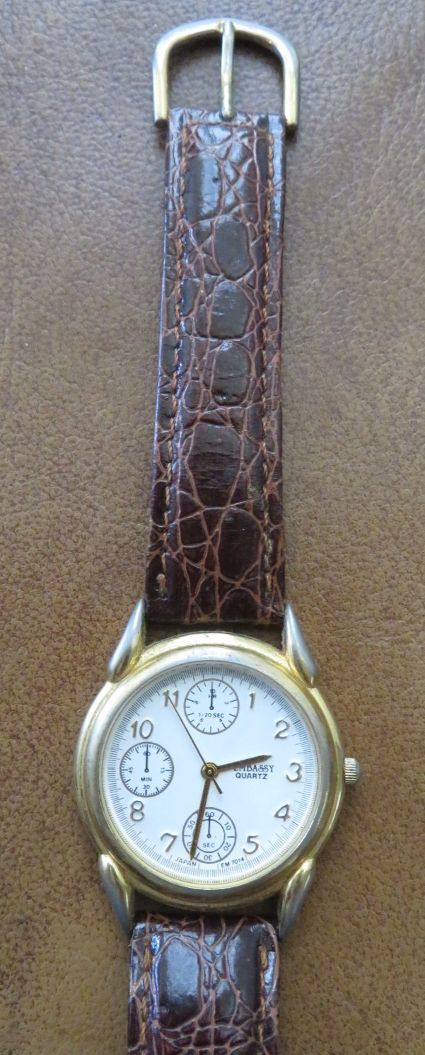 Embassy Quartz Faux Chronograph Gold Watch w/ Leather Band 276-2035 Working