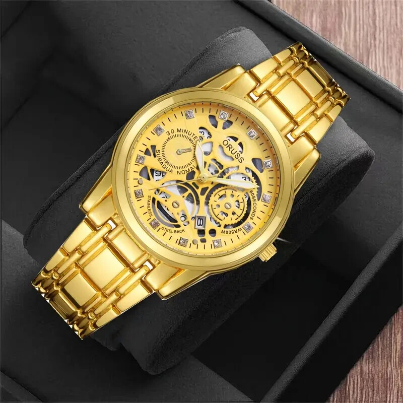 Fashion Cool Men Golden Round Dial Quartz Watch Luminous Date Display Hollow Out