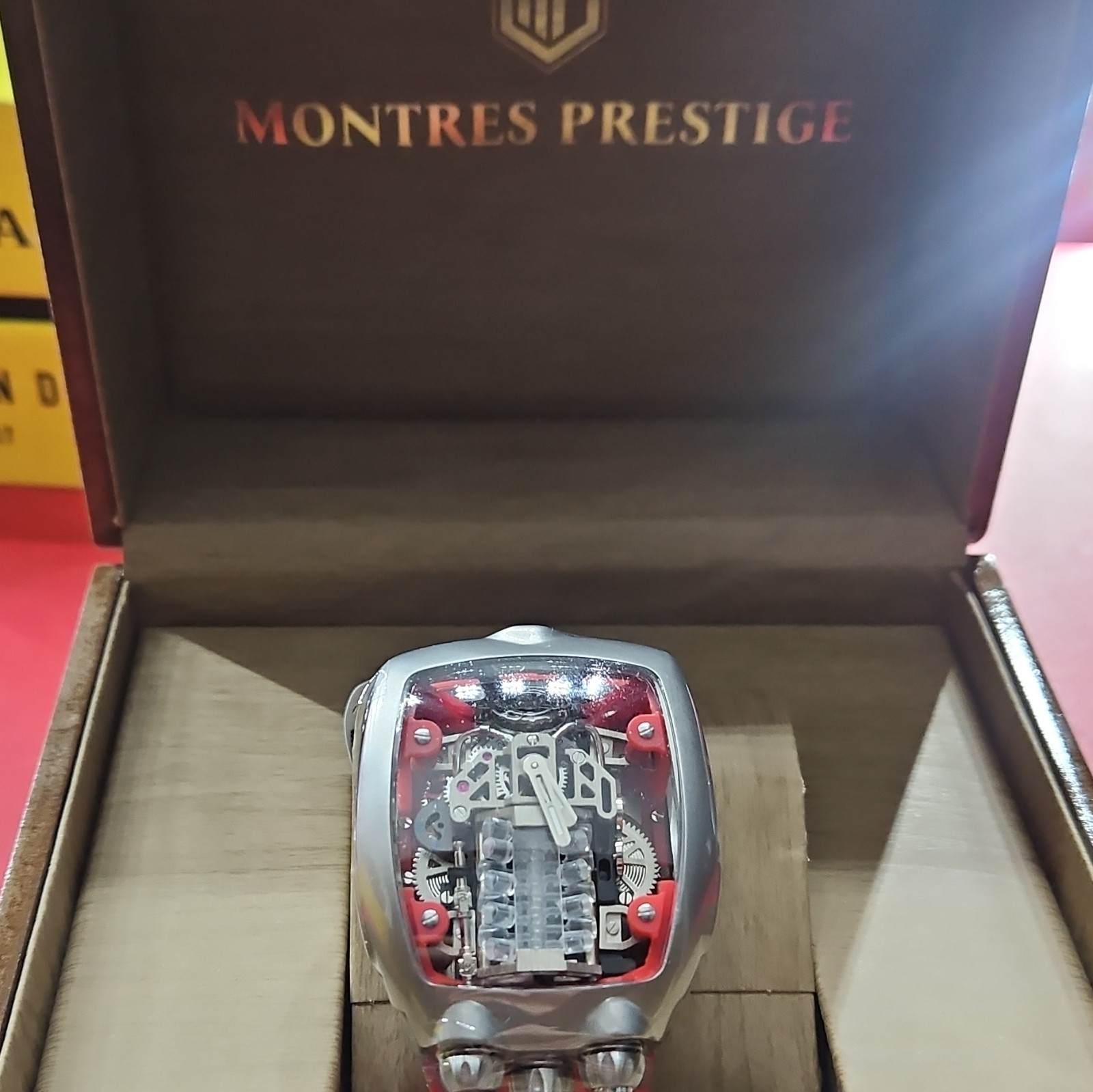 Montres Prestige Men’s Skeleton Automatic Watch – Red Silicone, Steel, 50M