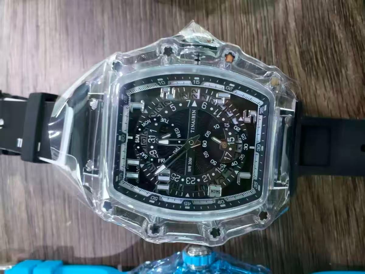 Fashion Luxury Barrel Shape Skeleton Watch Men’s Quartz Sport Watch Rubber Band