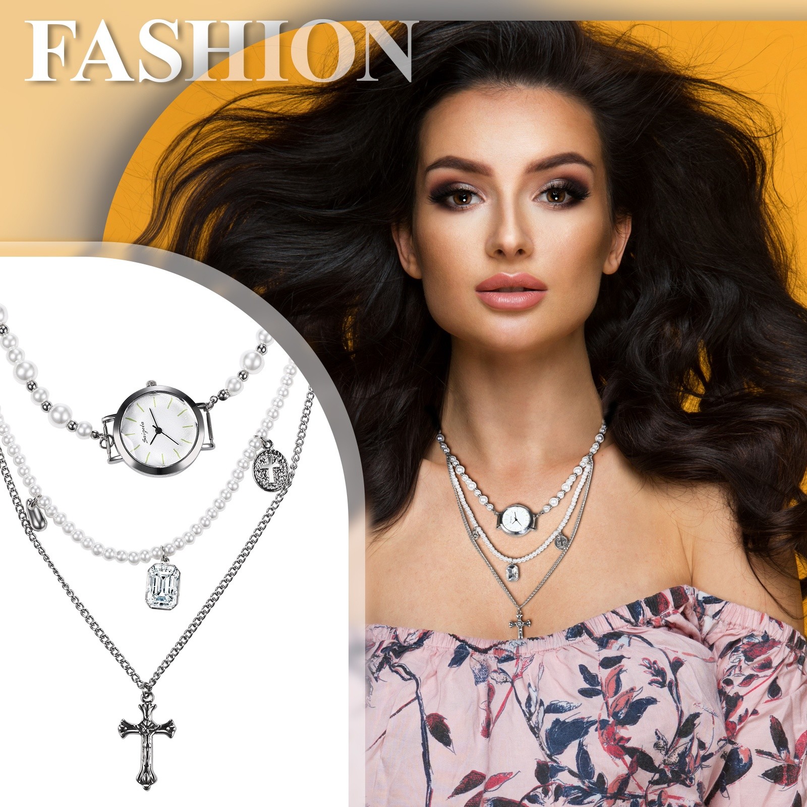 3 Layers Necklace Watch Analog Quartz Cross Faux Pearl Choker Womens WristWatch