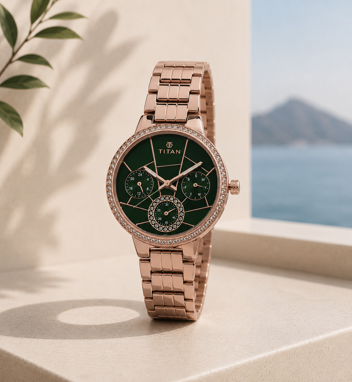 Titan Purple NR95058WM01 Rose Gold Green Dial Day Date Womens Watch New