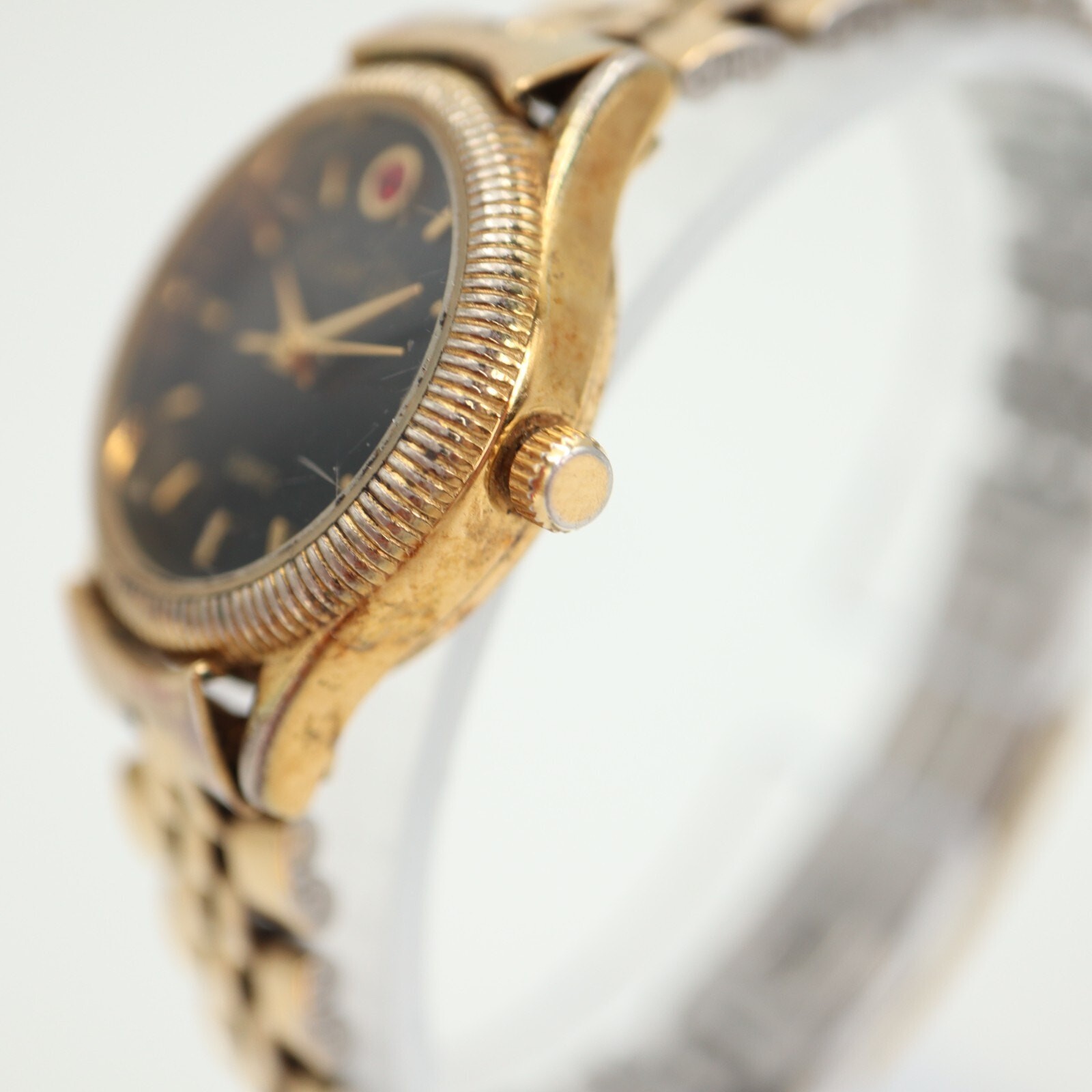Womens Gold Tone “I Love You” Watch 25mm Black Dial w Red Gem Bracelet Working