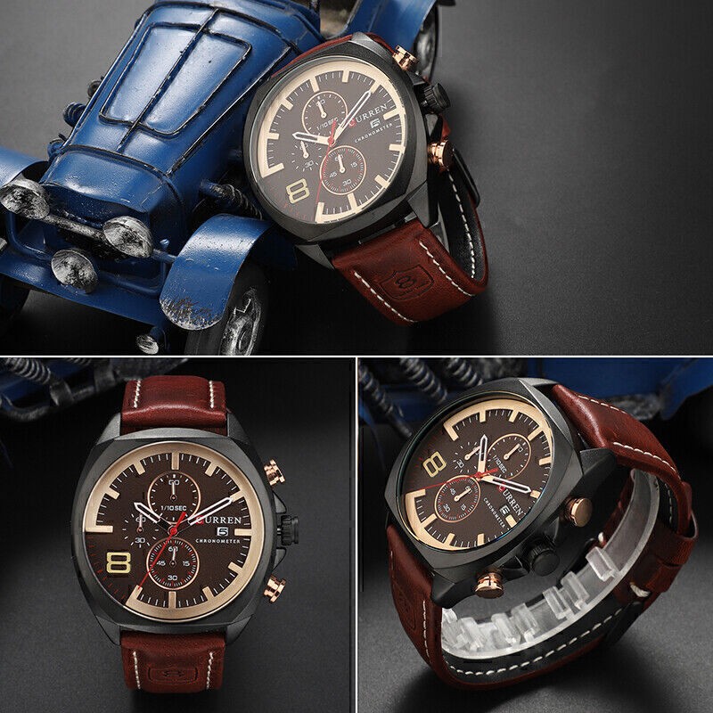 Business Sport Men’s Stainless Steel Case Leather Band Quartz Analog Wrist Watch
