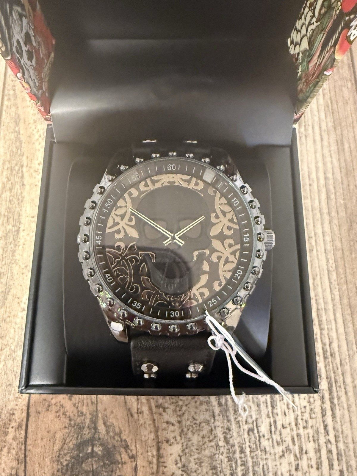 Ed Hardy Black Skull Dial Quartz Watch Studded Bezel Leather Strap 30m w/ Box