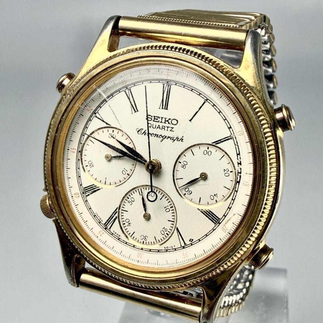 Seiko 7A28 6010 Chronograph Quartz White Dial Gold Mens Watch Auth