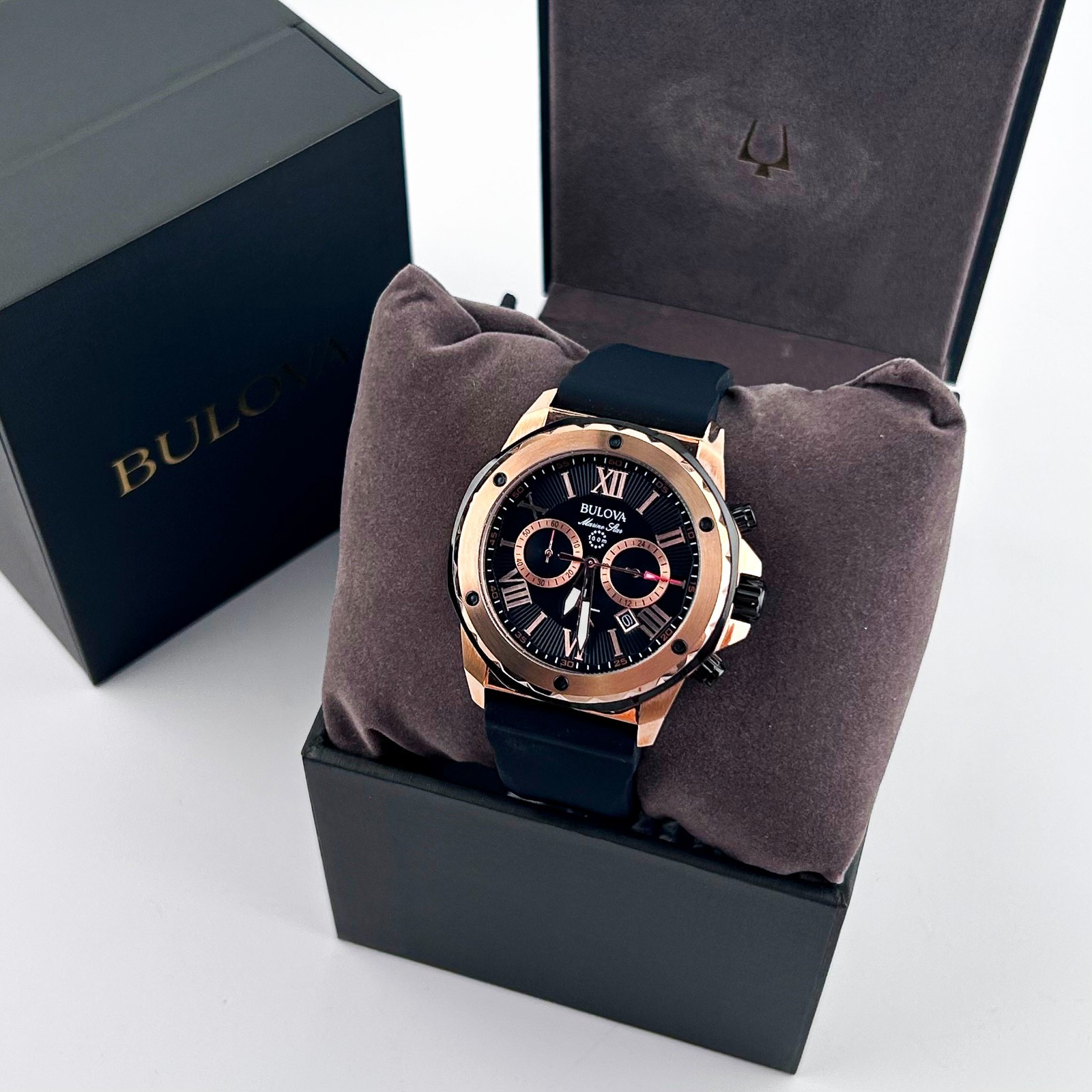 Bulova Marine Star 98B104 Men’s Black Dial Black Rubber Strap Quartz Watch 44mm