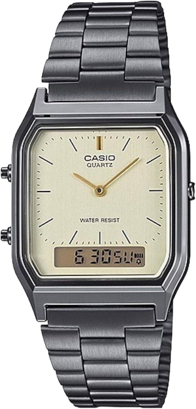 CASIO AQ-230GG-9A Vintage Ana-Digi Watch Gold Dial Gunmetal Band Unisex Retro