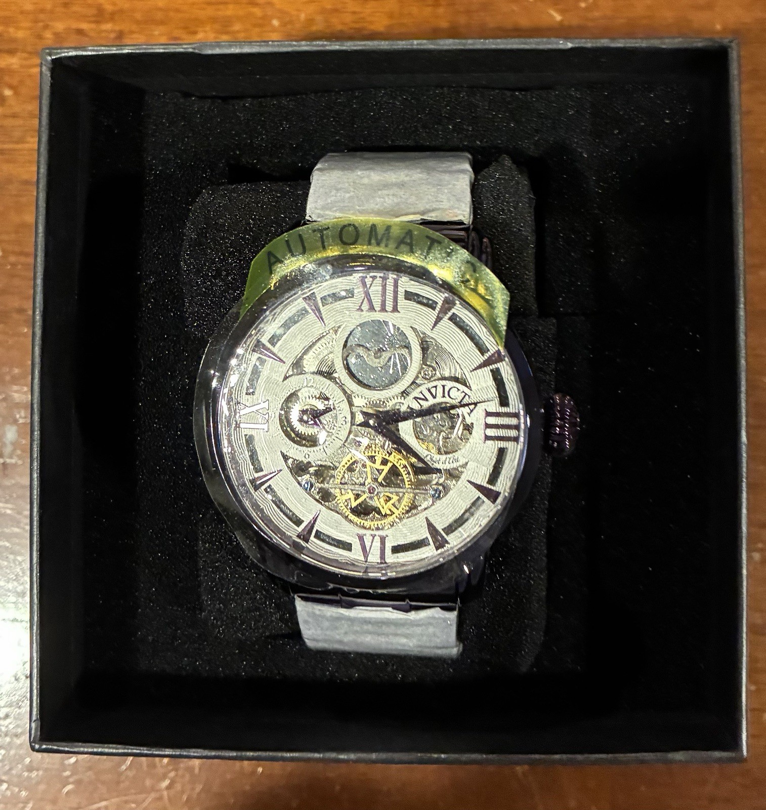 Invicta Objet D Art Men’s Automatic Skeleton Watch Silver Dial Black Leather