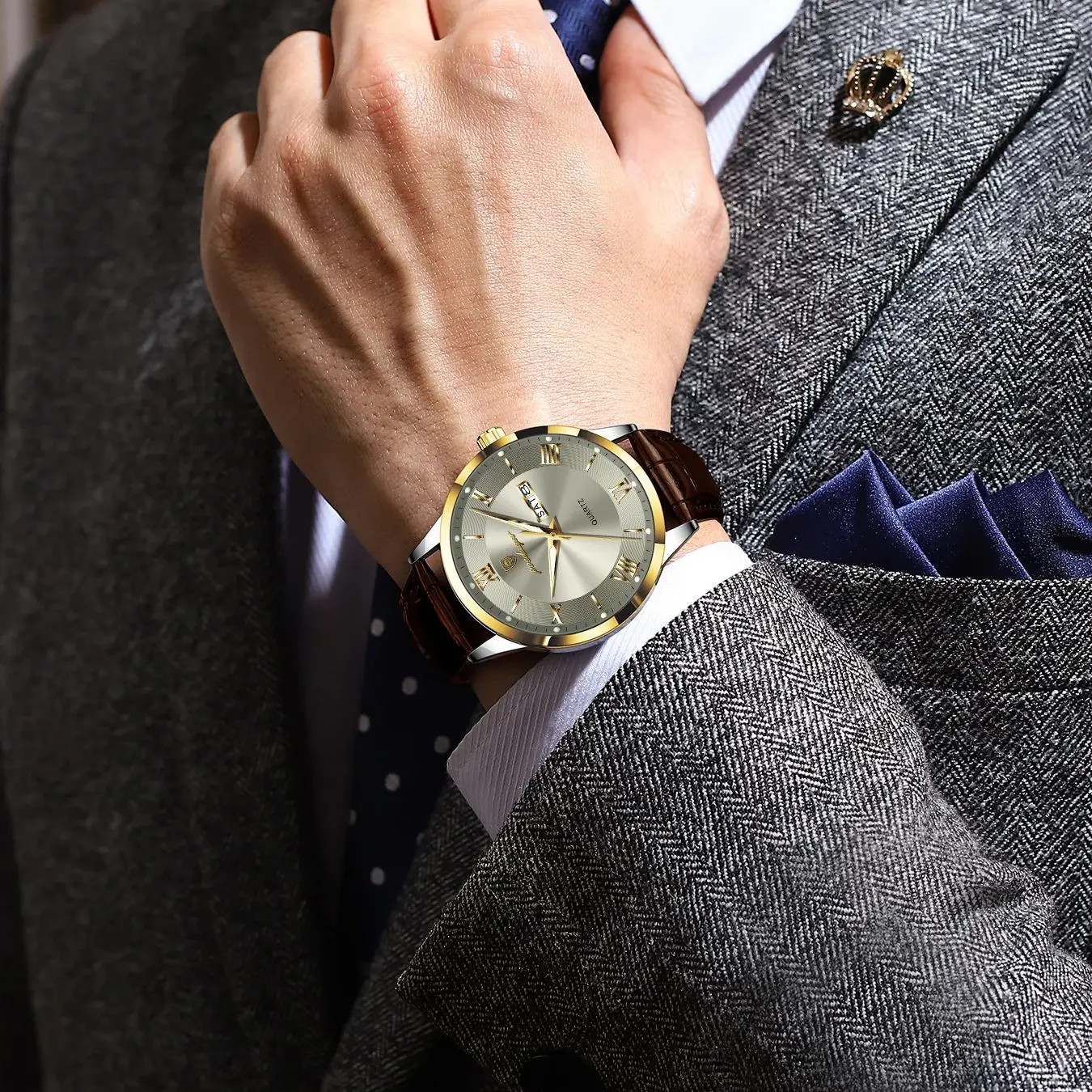Men’s Leather Quartz Watch Waterproof Luminous Date Week Business Original