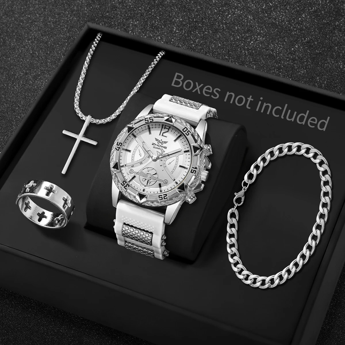 4PCS Fashion Arabic Dial Men Business Quartz Watch Casusilicone Strap Wristwatch