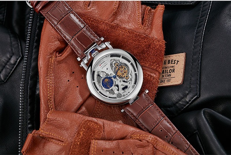 Luxury Big Skeleton Dial Tourbillon Hollowed Mechanical Men Wristwatch Watch