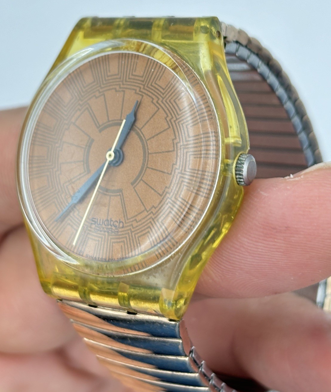 Swatch Copper Dusk Watch Men 34mm Brown Dial Clear Case Round AG1990