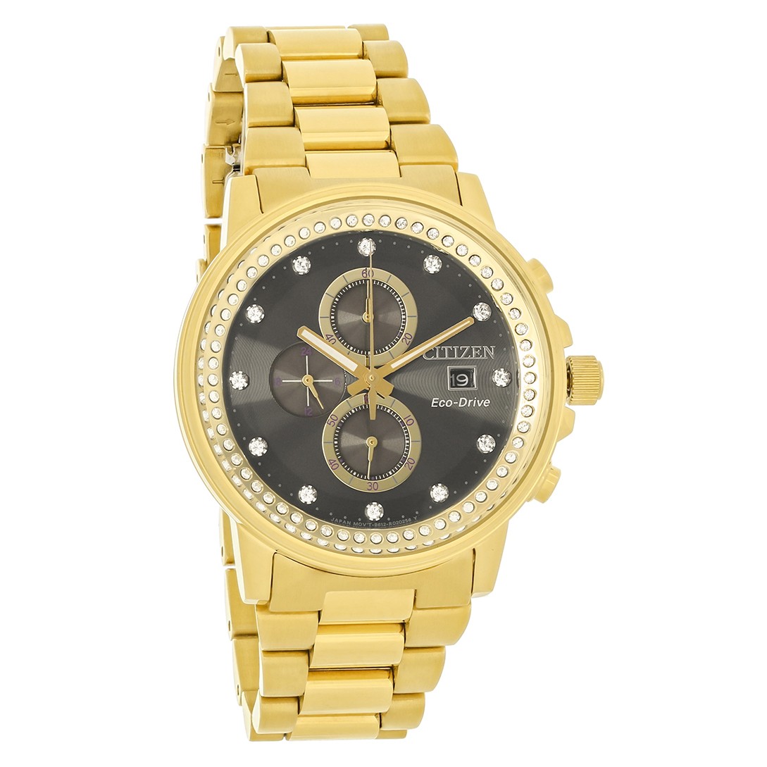 Citizen Eco-Drive Nighthawk Men’s Crystal Gold Tone Chronograph Watch FB3002-61E