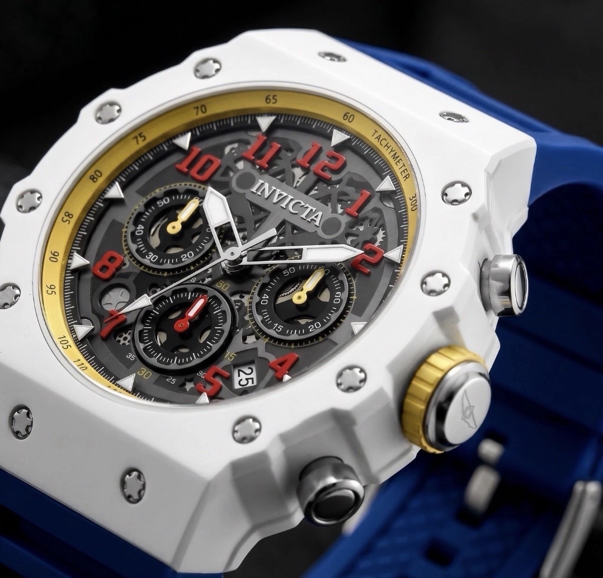 Invicta Racing Vaulthan Men’s 44mm Blue, White, Yellow & Red. Skeleton Dial COOL