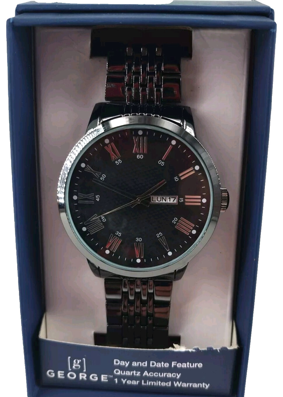 George Men’s Watch Easy to Read Black W/ Silver Numbers Needs Battery NIB