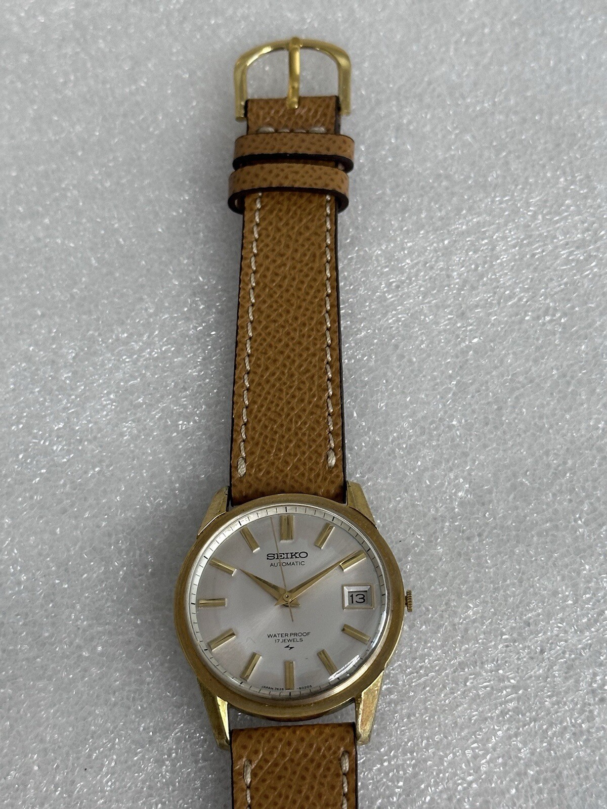 Seiko Vintage Automatic Watch 7625-8023 Gold Plated Case 17J Date Brown Leather